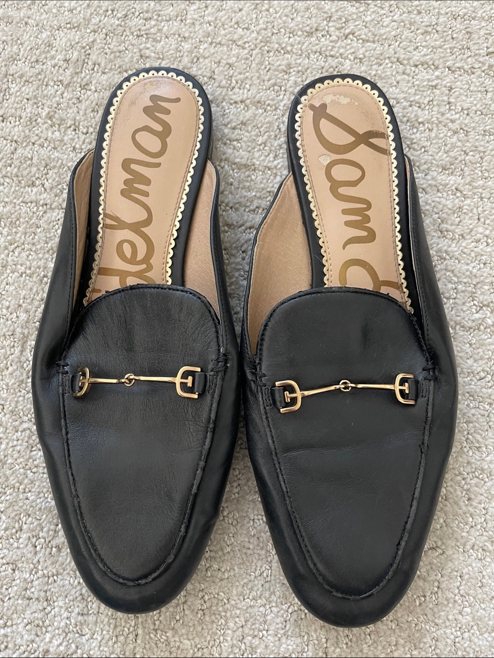 Sam Edelman Linnie Black Leather Slip-On Mules with Gold Horsebit